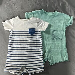 Set of Striped and Dinosaur Baby Rompers